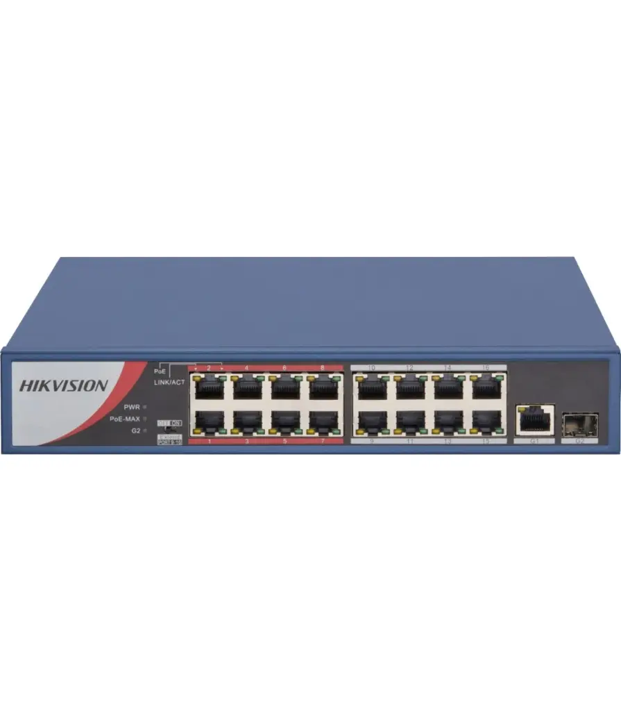Switch Hikvision 16 ports PoE +2- 16 ports PoE- 1 R45 1 Go - 1 fiber optic 1 Go- longue distance 300 mètres